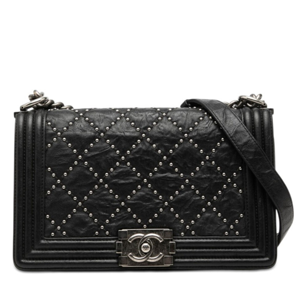 Chanel Coco Mark Studded Boy Chain Shoulder Bag, Black Calfskin, Women's CHANEL